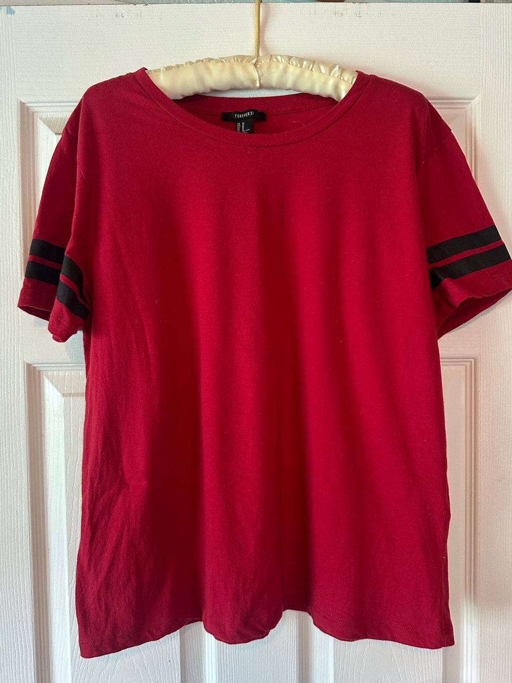 Casual Red Womens Medium Short Sleeve Shirt with Sleeve Stripes Forever 21